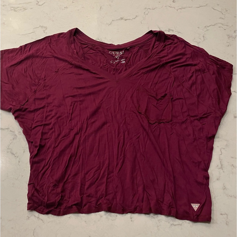 Guess Maroon Boxy Cropped T-shirt with v-neck